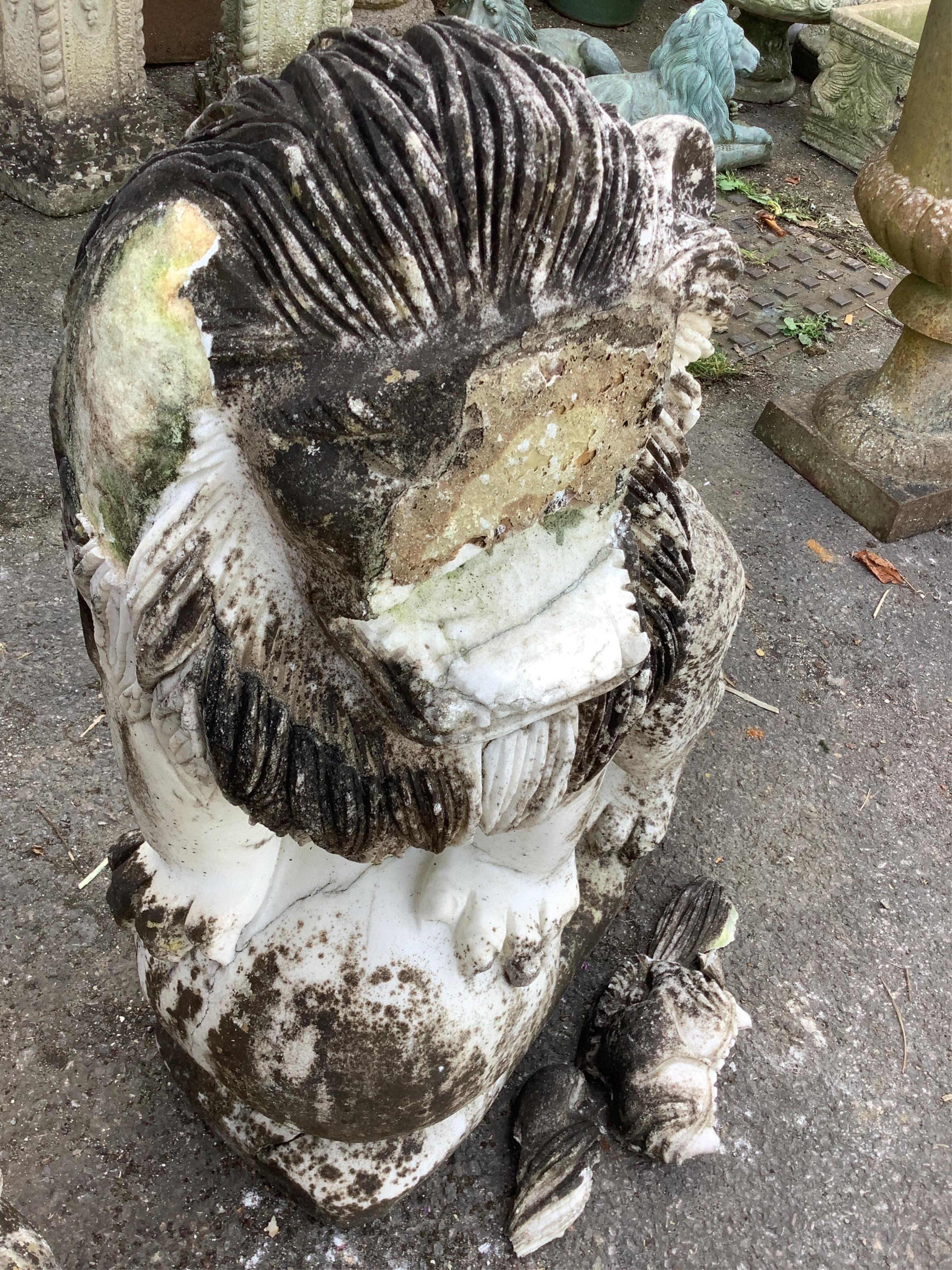 A pair of Chinese style reconstituted white marble models of kylin, (one in need of repair), height 71cm